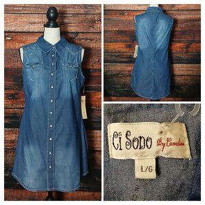 NWT Ci Sono Tunic Top L Blue Chambray Denim Snap Front Garment Dyed 100% Cotton